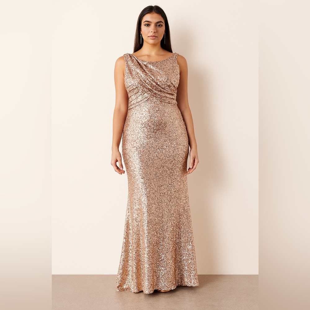 Badgley Mischka Rose Gold Surplus‎ Bodice Sequin Gown Sz. 10